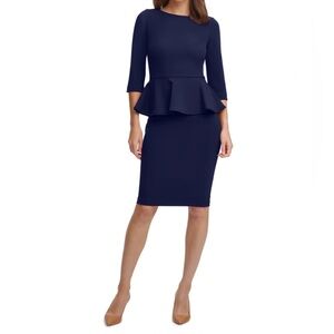 Calvin Klein Navy Long Sleeve Peplum Dress Size 6 Career Office Evening Modest